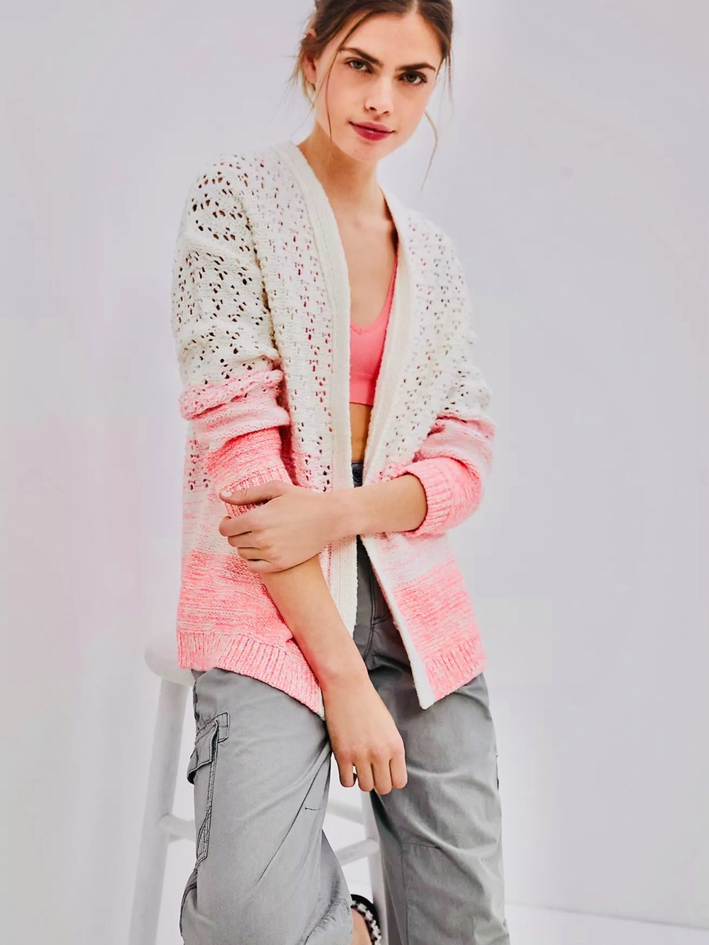 ANTHROPOLOGIE M L Faustia Cardigan in Pink Ombre • Cotton Linen Blend Sweater